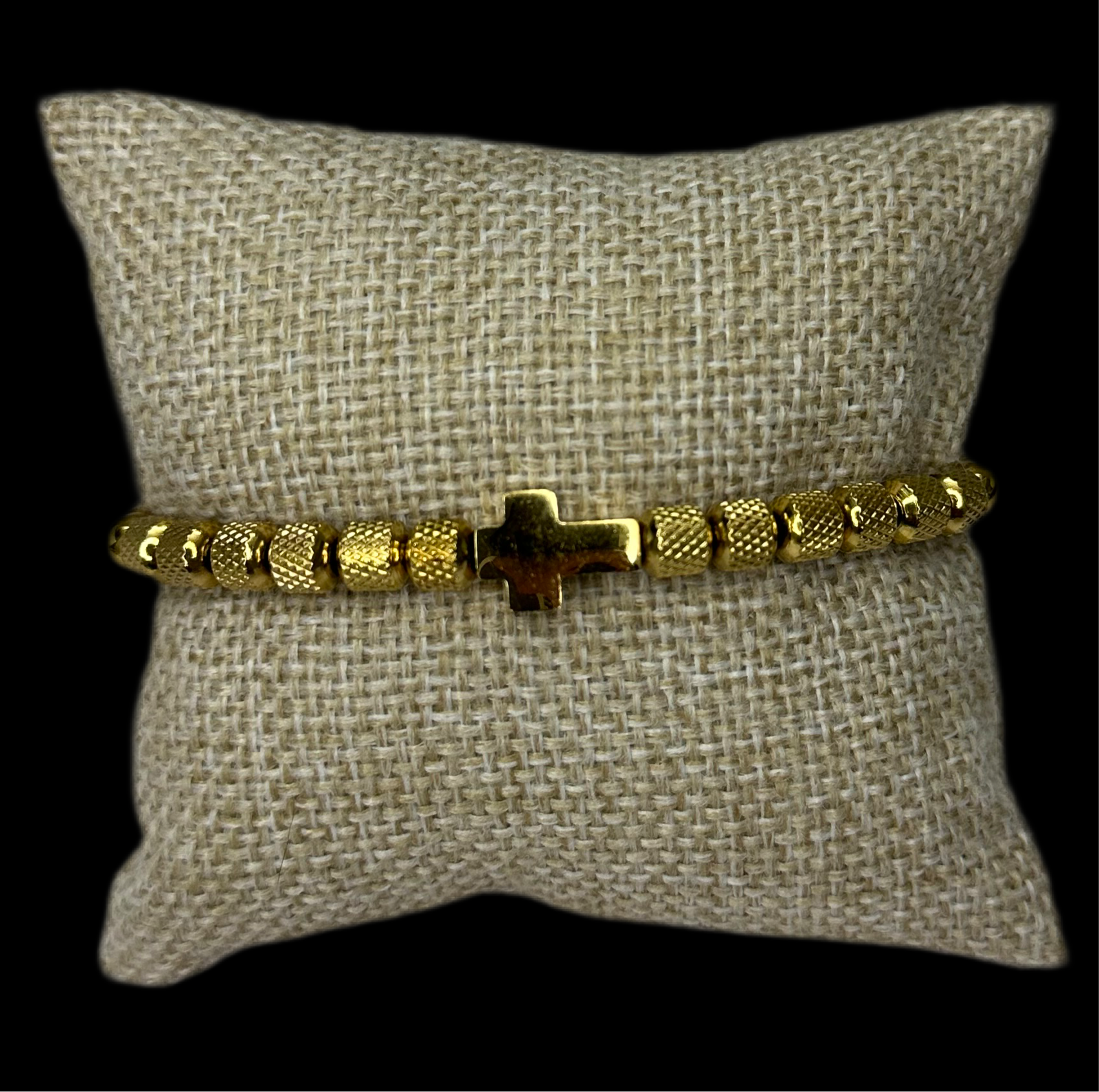 Pulsera Perlas Dorada Cruz Acero Inoxidable