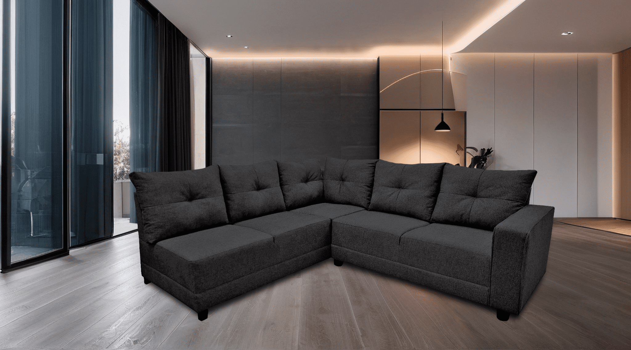 Sala Esquinera El Bazar Store Loki Gris Oxford 200x215 cm, Tela Lino nacional, Modular