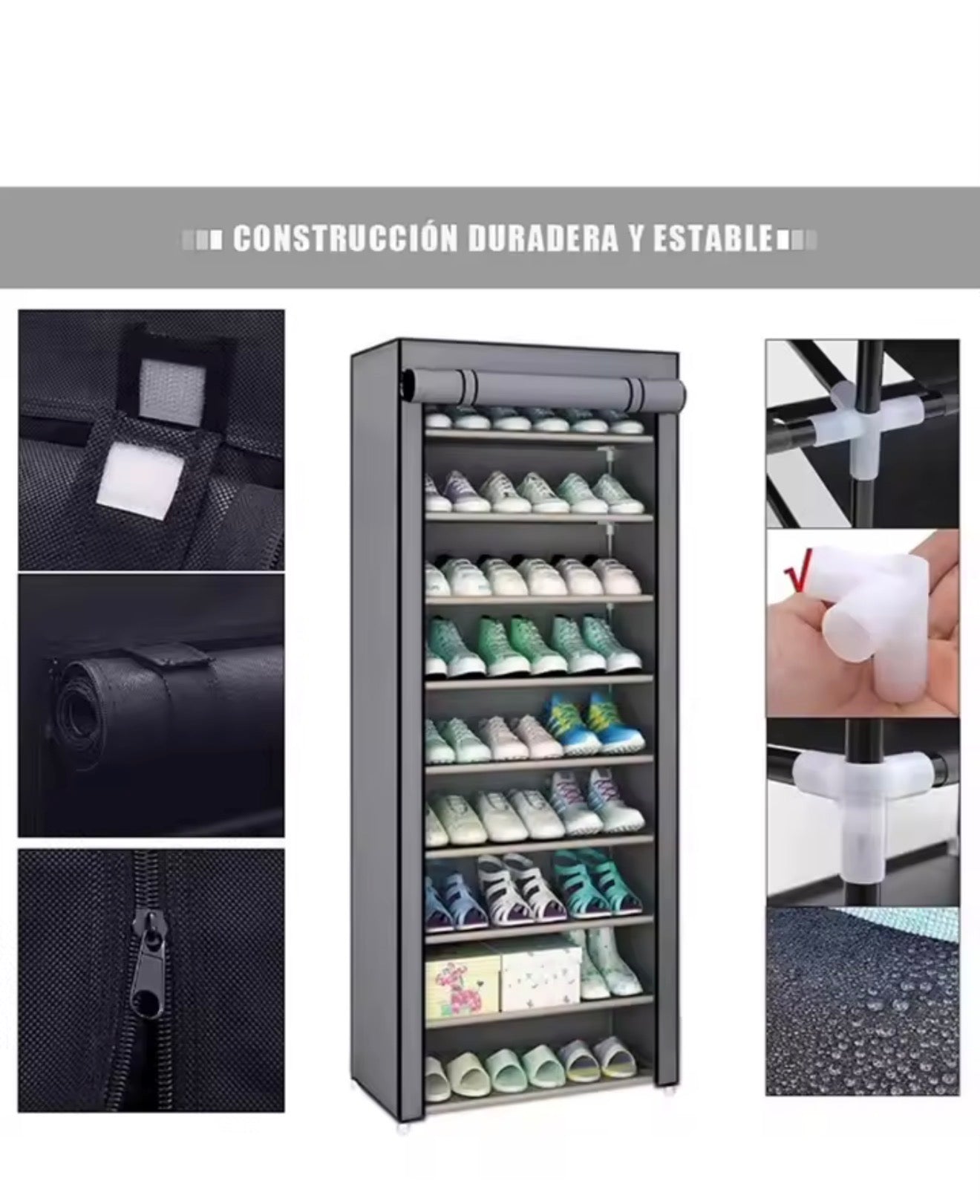 Zapatera con Cubierta de Tela 9 Niveles – Estructura de Acero, Organizador de Zapatos