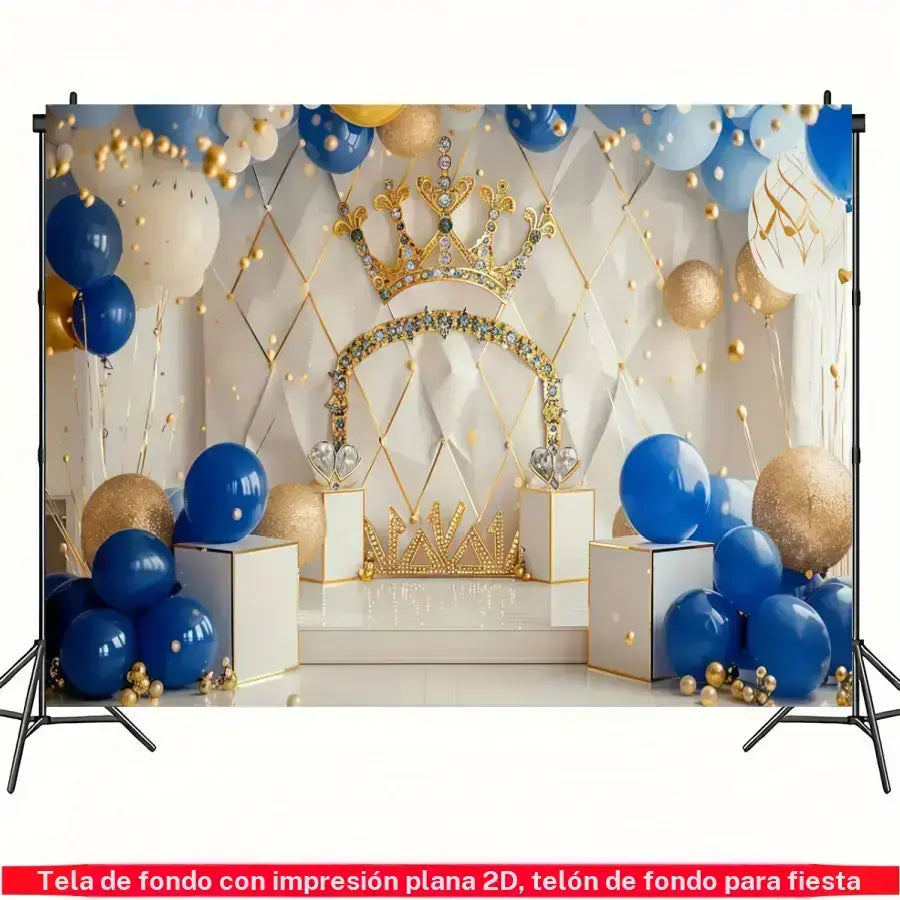 Fondo para fiesta de cumpleaños “Corona del Rey” en azul royal y dorado