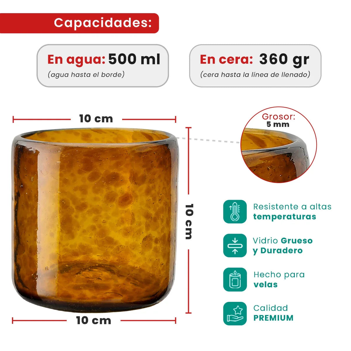 500ml - Florencia Vaso de vidrio soplado artesanal - Frasco Ámbar con puntos Café - Hecho a mano