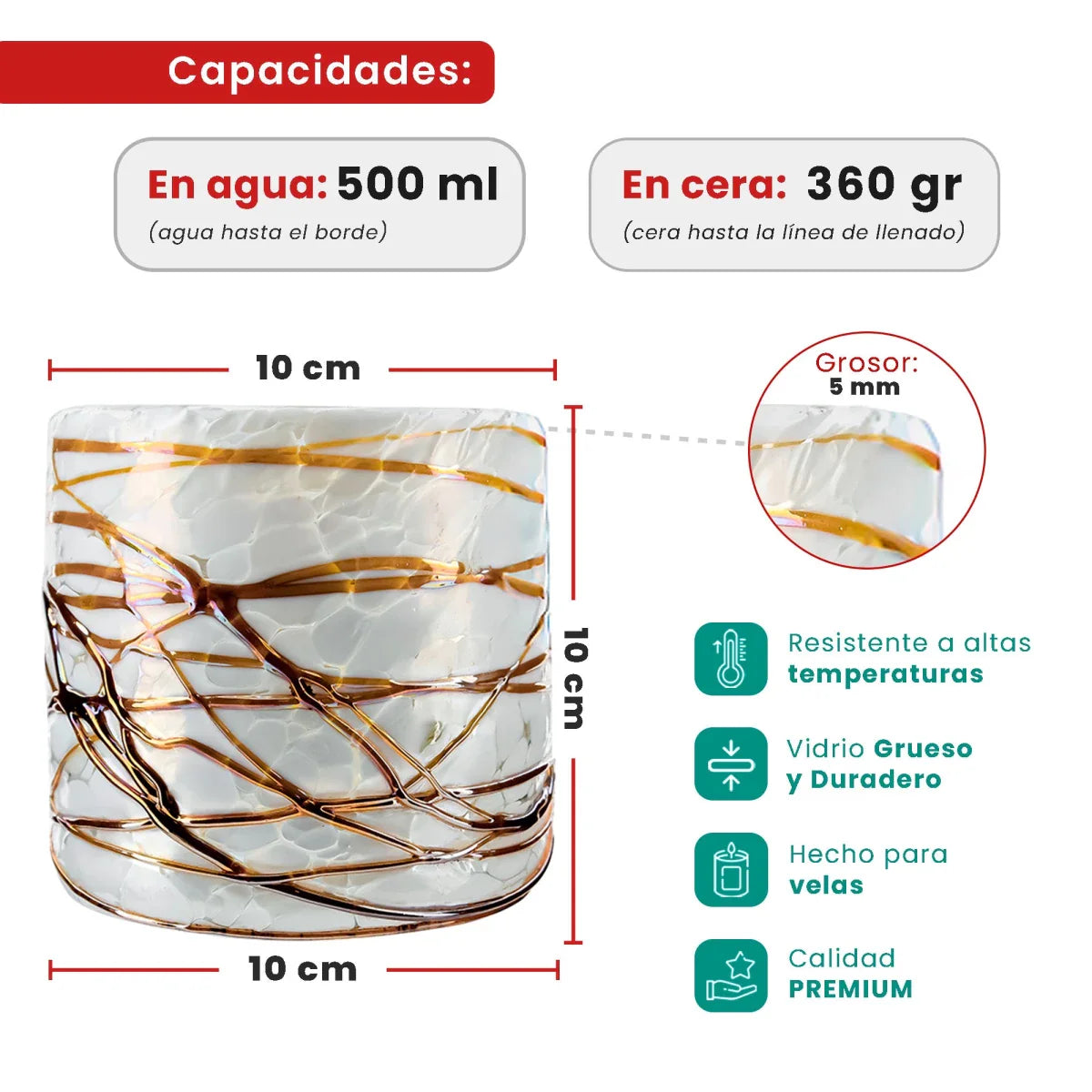 500ml - Florencia Vaso de vidrio soplado artesanal - Frasco Blanco Marmoleado / Telarañas Dorado Caramelo - Hecho a mano