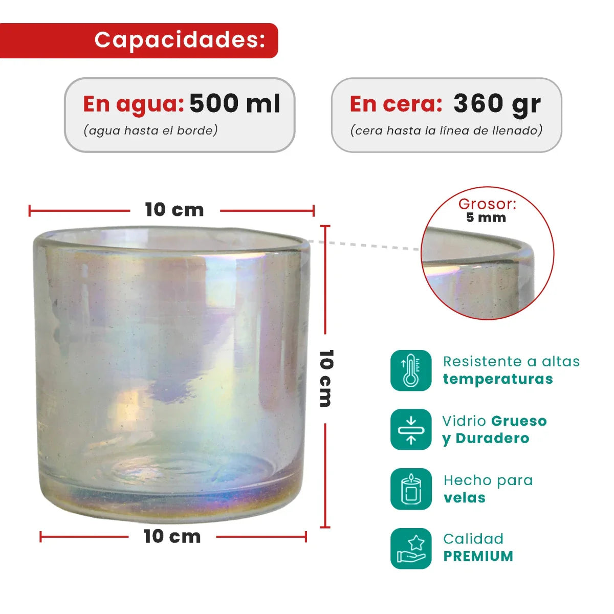 500ml - Florencia Vaso de vidrio soplado artesanal - Frasco Tornasol Transparente - Hecho a mano