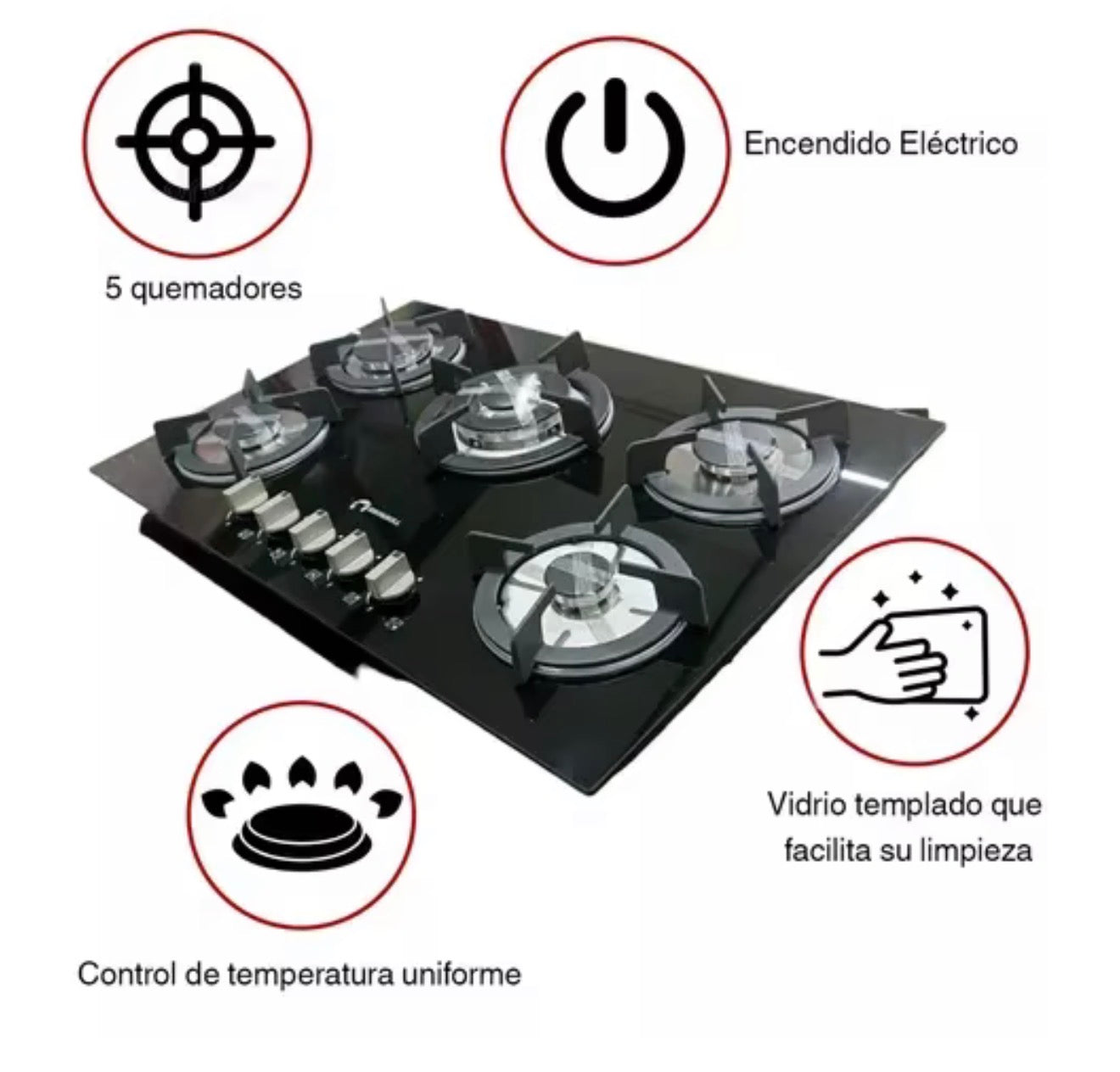 Estufa Empotrable SHORBULL 5 Quemadores Vidrio Templado Gas LP/Natural