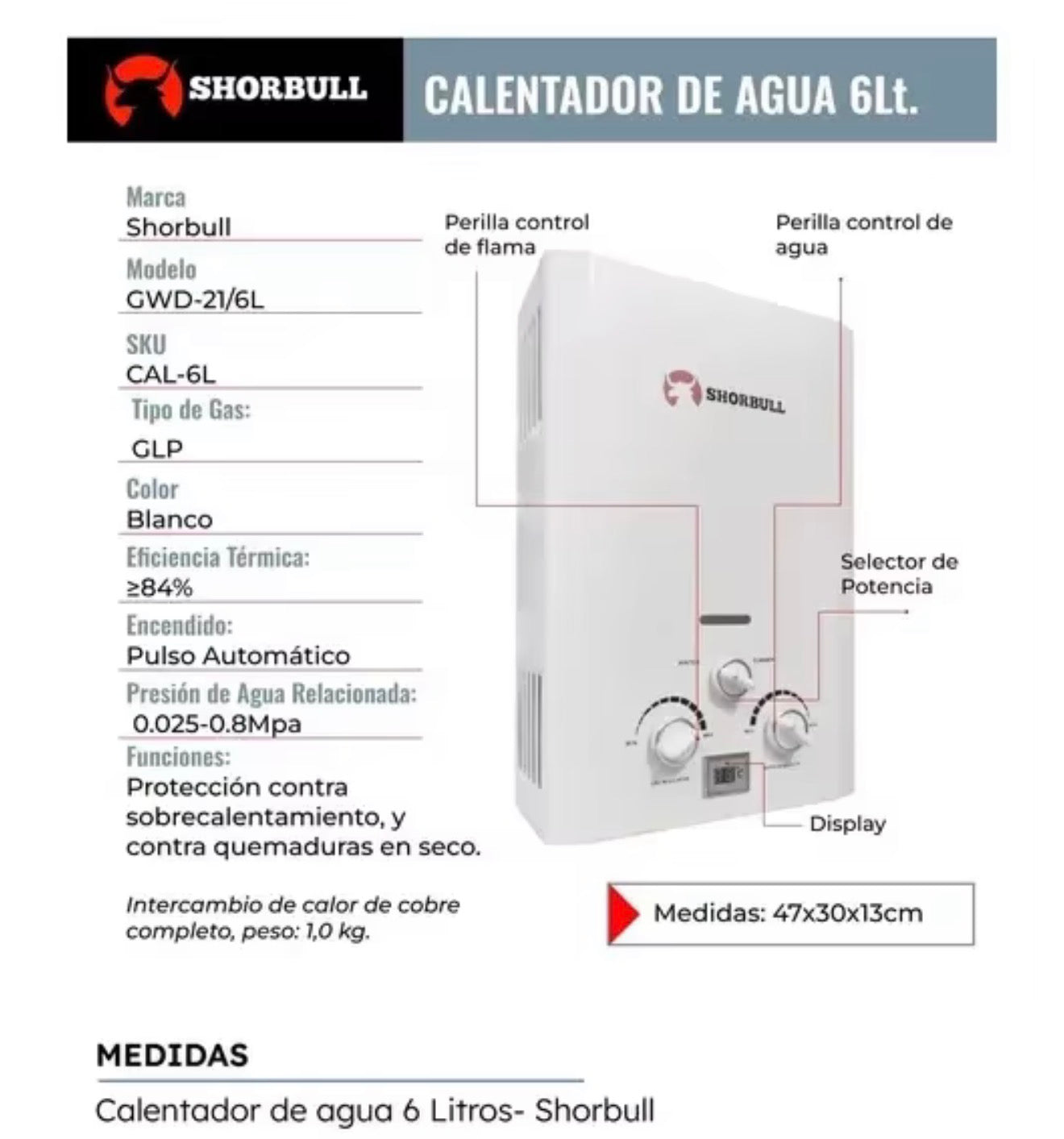 Calentador de Agua a Gas LP Instantáneo Shorbull 6L con Display Digital