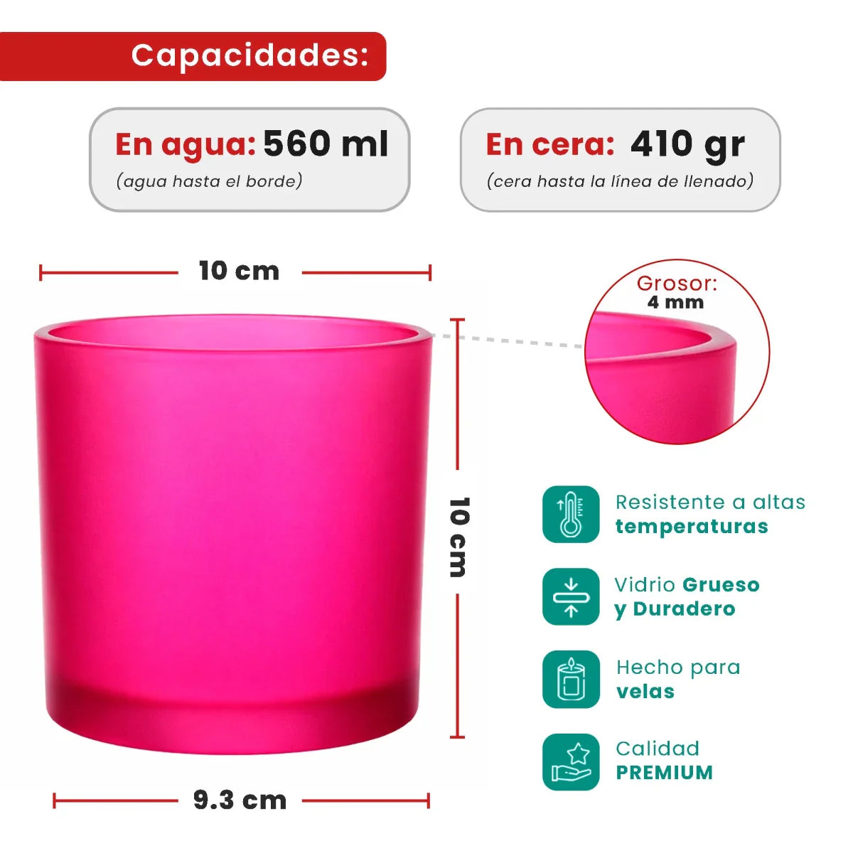 560ml - Mónaco Vaso de vidrio para velas - Frasco Fucsia Satinado