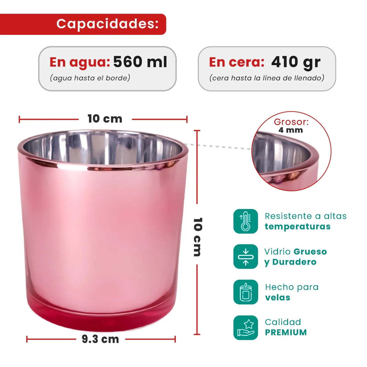 560ml - Mónaco Vaso de vidrio para velas - Frasco Rosa - Metálico