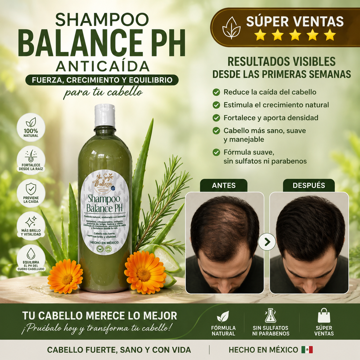 Shampoo Balance pH Anticaída y Anticaspa — 1 Litro Fórmula Concentrada