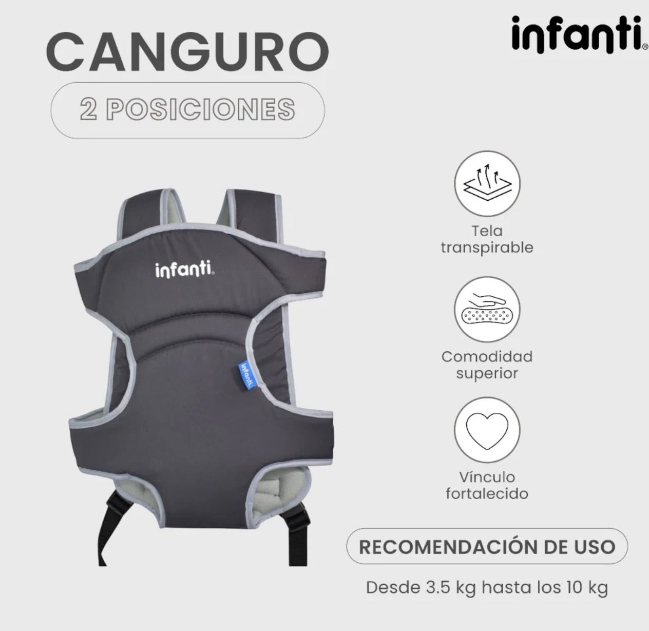 Canguro Infanti 2 Posiciones Cómodo y Seguro