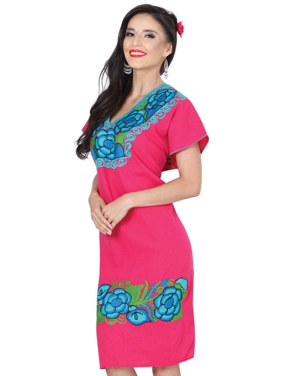 Vestido de Mujer México Artesanal Bordada Artesanal en 100% Algodón Color Rosa 601292
