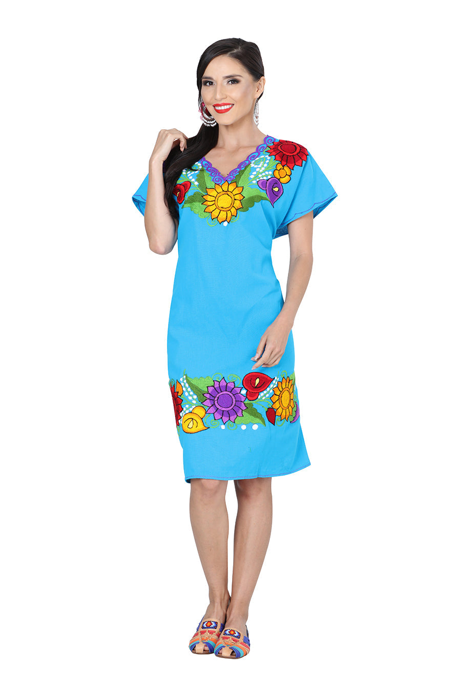 Vestido de Mujer México Artesanal Bordada Artesanal en 100% Algodón Color Azul 601293