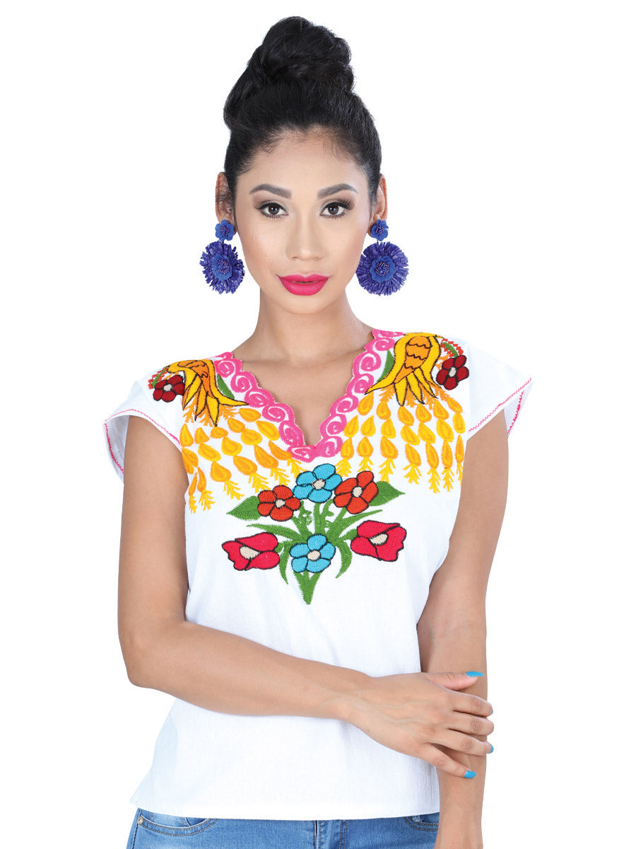 Camisa Casual de Mujer México Artesanal Bls-camp-pvo Bordada Artesanal en %50 Poliéster Color Blanco 601398