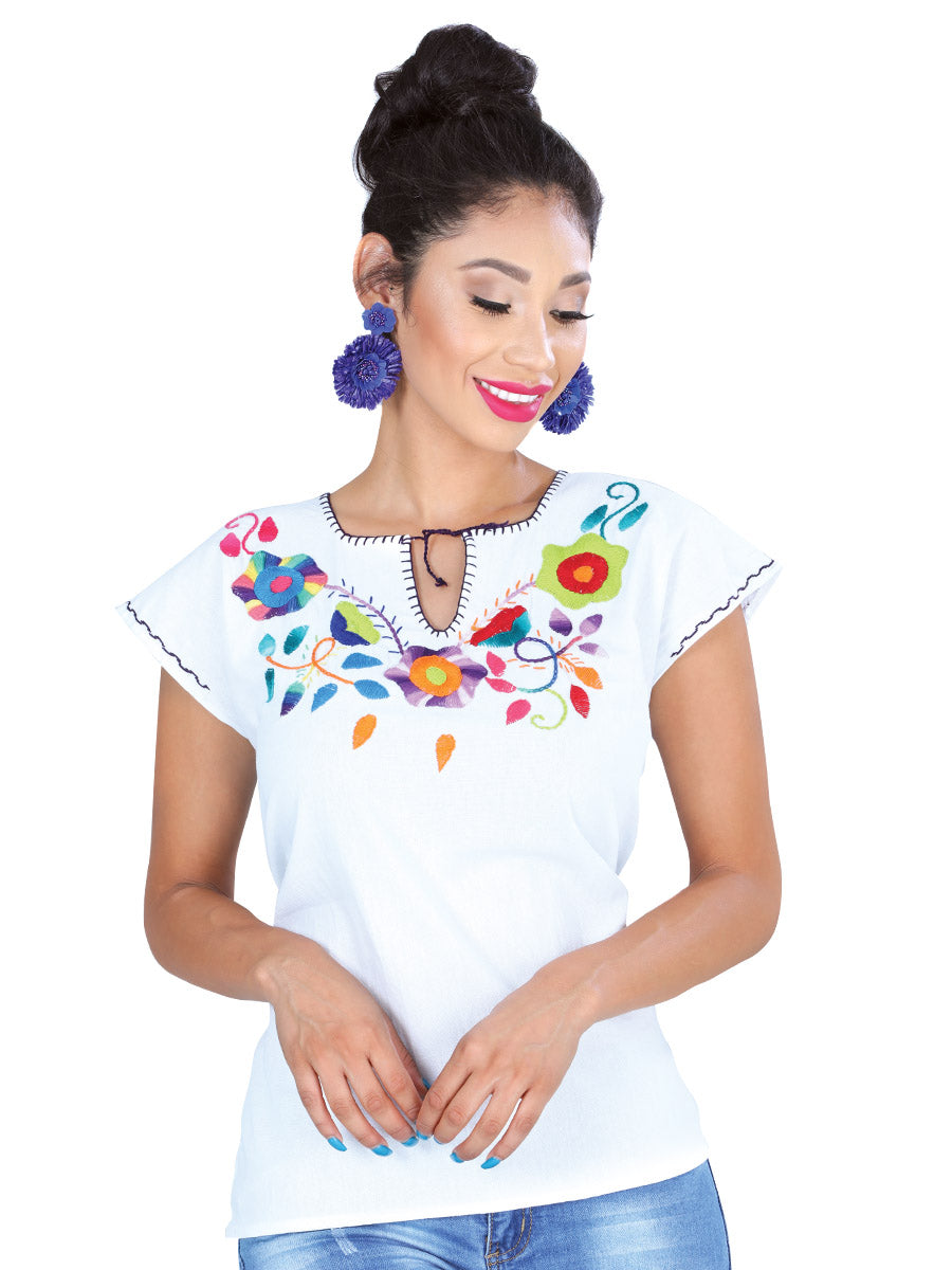 Camisa Casual de Mujer México Artesanal Bls-flr-pntd Bordada Artesanal en 100% Algodón Color Blanco 601417