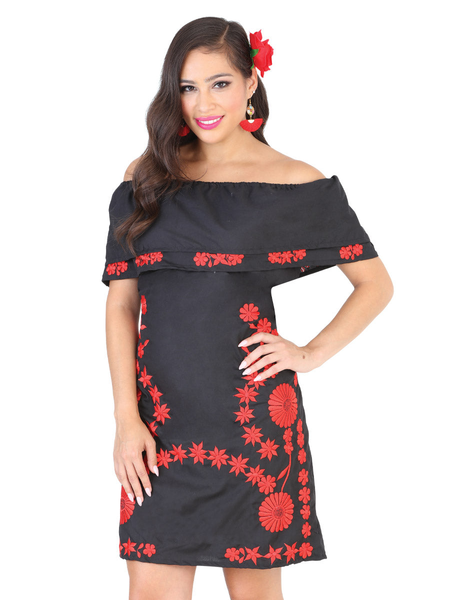 Vestido de Mujer México Artesanal Bordada Artesanal en 100% POPELINA Color Negro/Rojo 601815