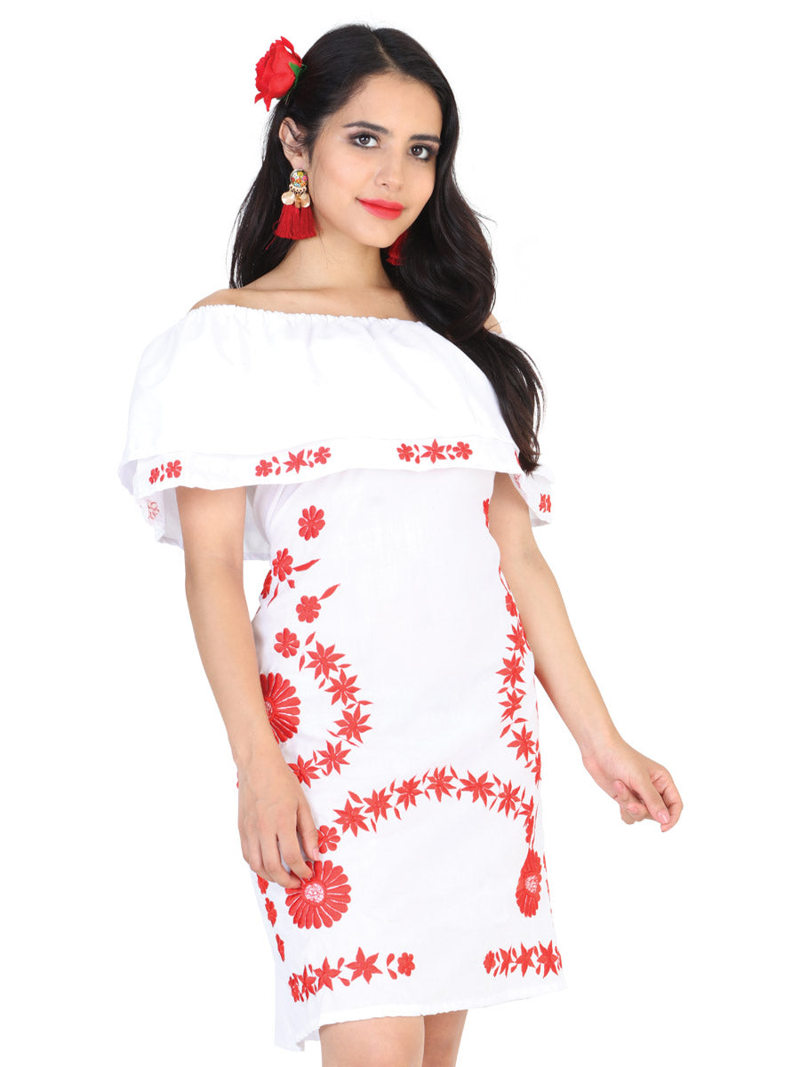 Vestido de Mujer México Artesanal Bordada Artesanal en 100% POPELINA Color Blanco/Rojo 601816