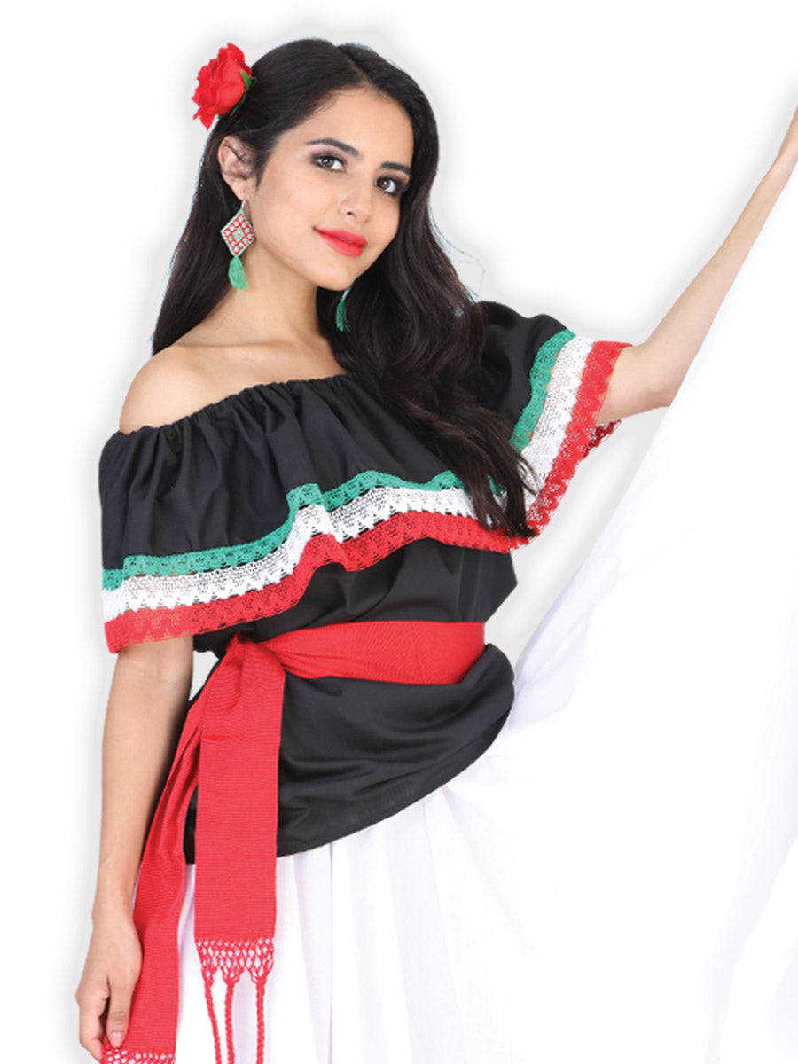 Camisa Casual de Mujer México Artesanal Bordada Artesanal en 100% POPELINA Color Negro/Tricolor 602096