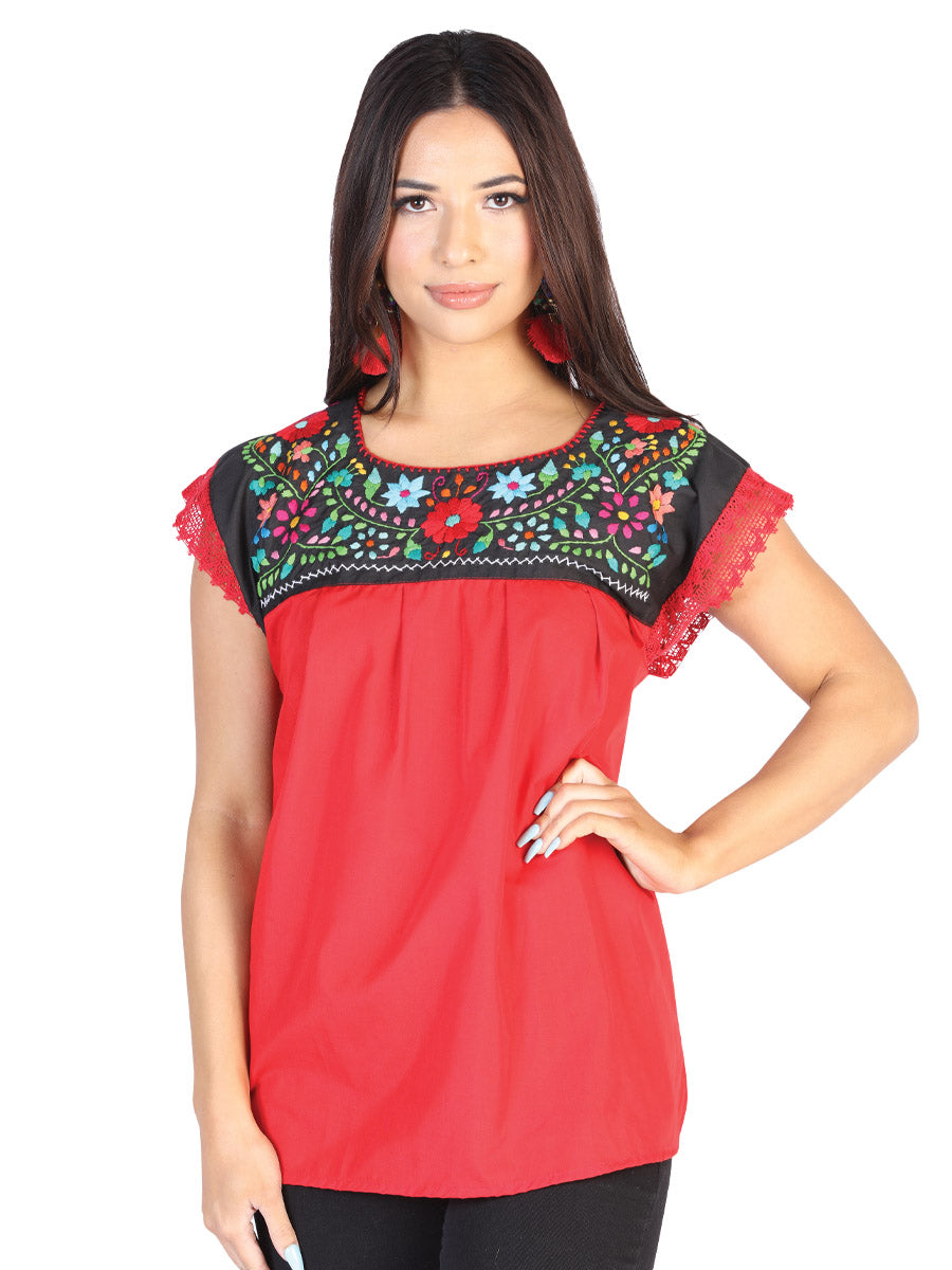 Camisa Casual de Mujer México Artesanal Bordada Artesanal en 50% Algodón 50% Poliéster Color Rojo 602463