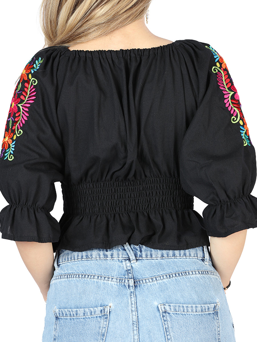 Camisa Casual de Mujer El General Bordada Charro Artesanal en 100% Algodón Color Negro 604051