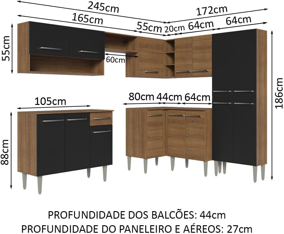 Madesa Armario Esquinero Completo 417 cm Emilly 02 - Negro/Marrón