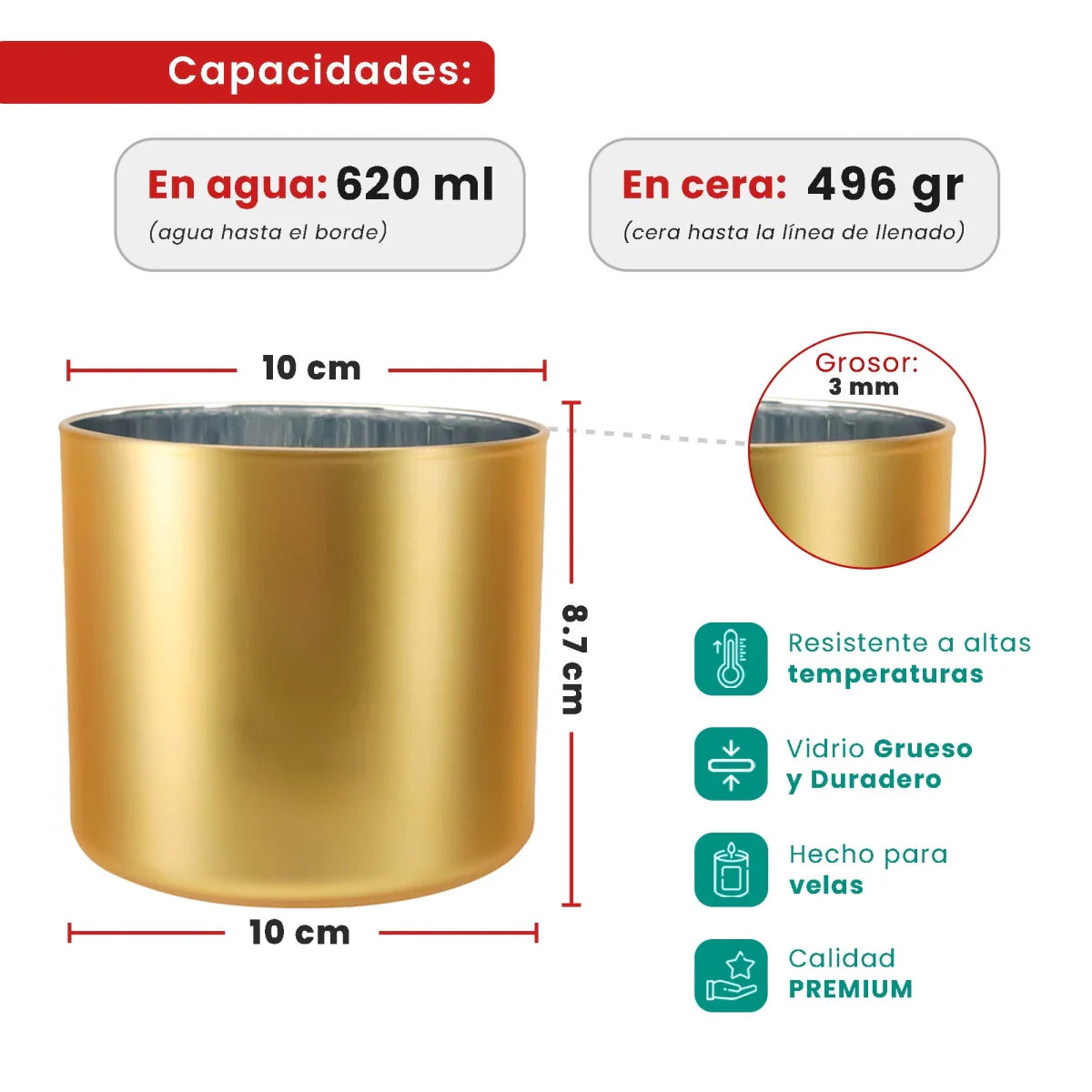 620ml - Mónaco Vaso de vidrio para velas - Inspirado en Bath Body Works® / White Barn® - Frasco Dorado Claro Mate / Metálico