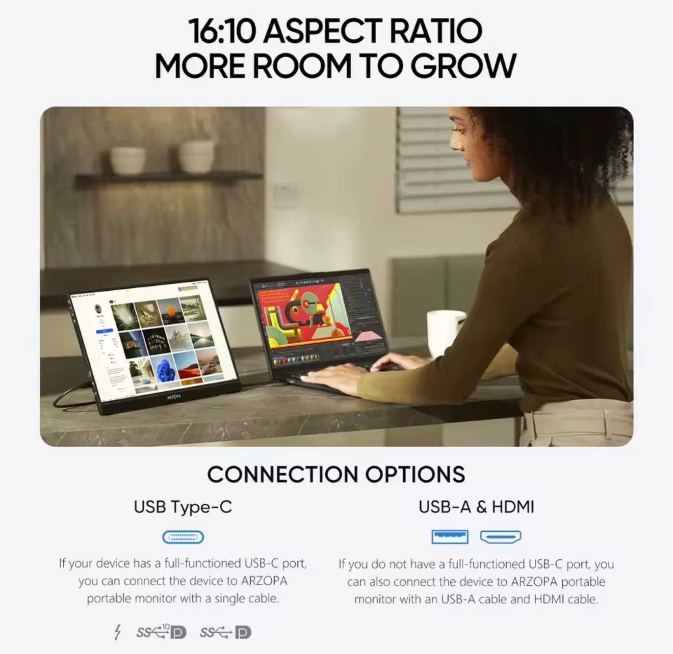 ARZOPA 16 pulgadas 2.5K Monitor Portátil,2560*1600,100% sRGB,16:10