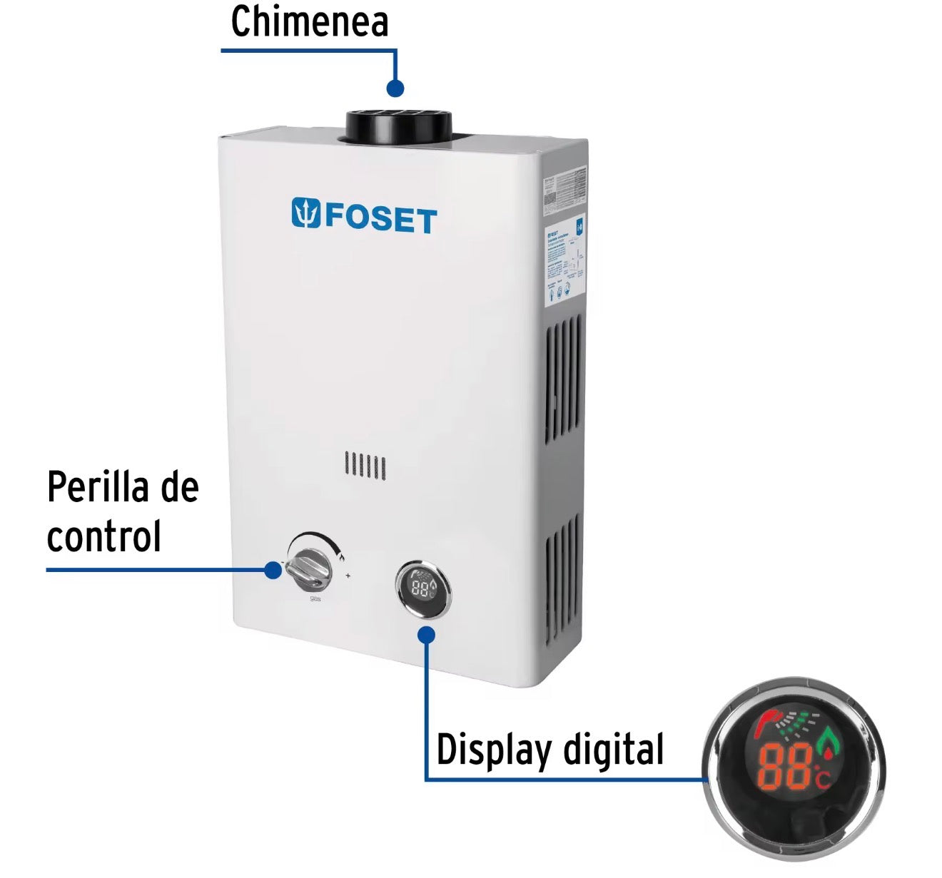 Calentador Instantáneo Foset 6 L/min Gas LP con Display Digital