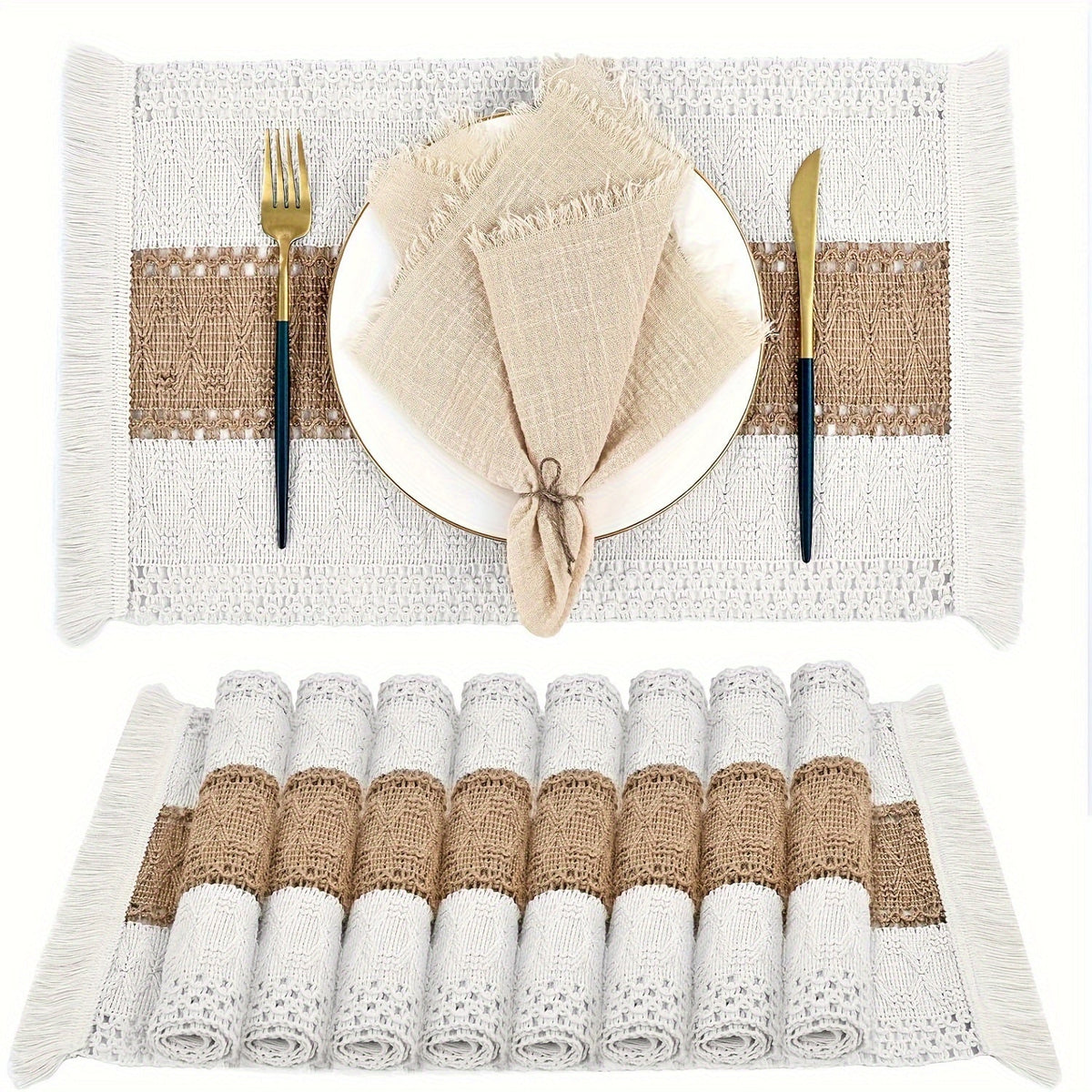 Set de Manteles Rectangulares Boho Chic - Diseño Rústico de Yute y Algodón con Rayas, Ideales para Decoración y Fiestas