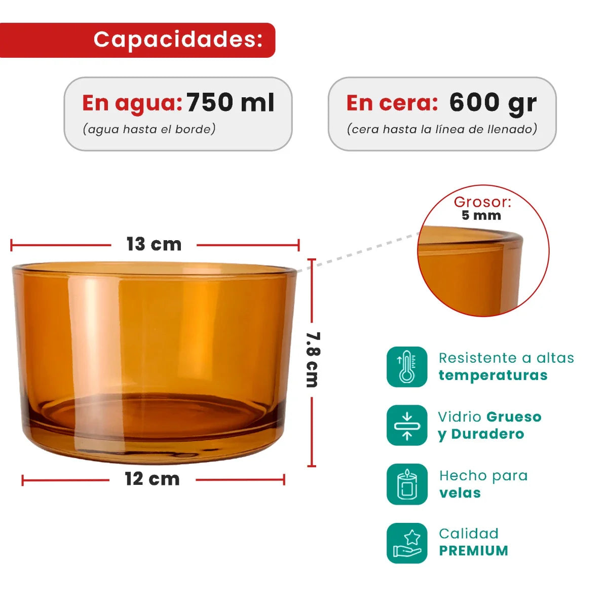 750ml - Mónaco Vaso de vidrio para velas - Frasco Ámbar Transparente