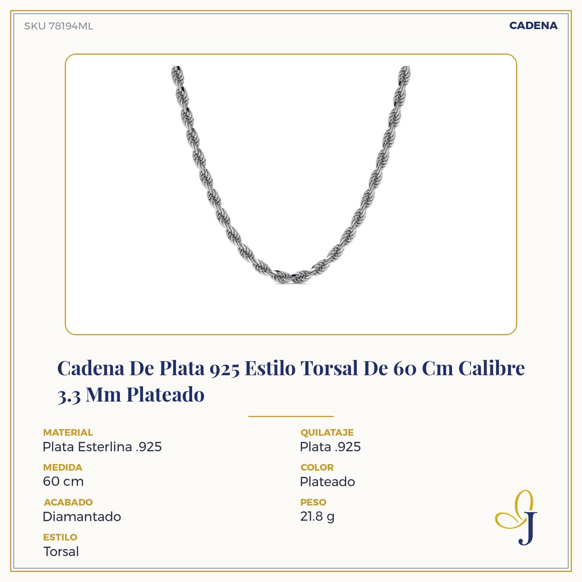 Cadena De Plata 925 Estilo Torsal Calibre 3.3 Mm