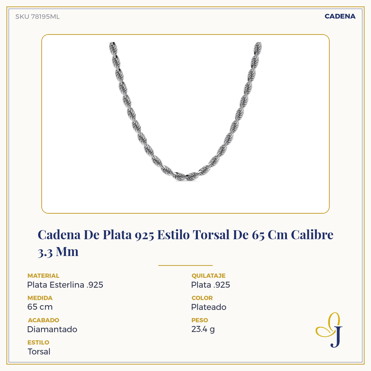 Cadena De Plata 925 Estilo Torsal Calibre 3.3 Mm
