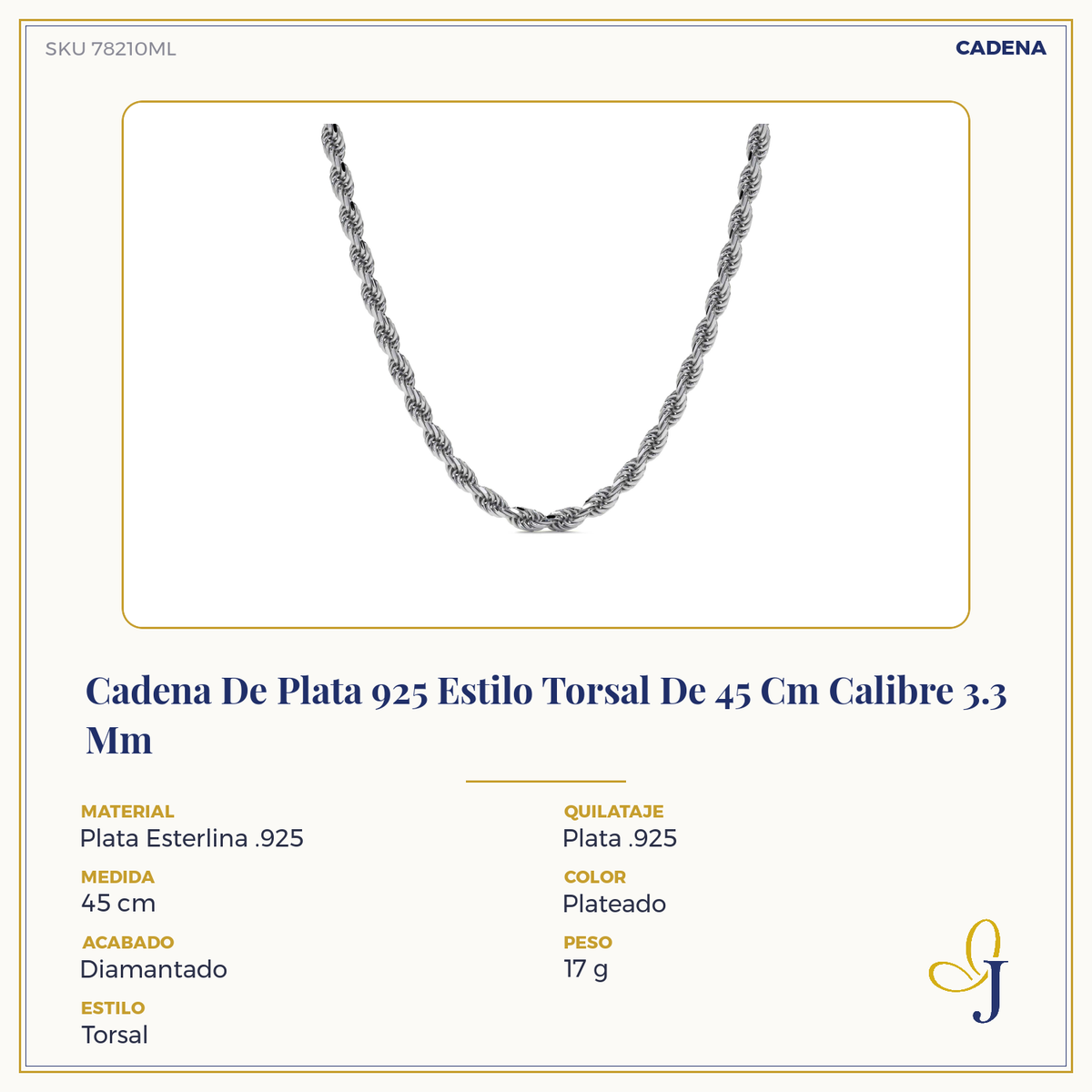 Cadena De Plata 925 Estilo Torsal Calibre 3.3 Mm