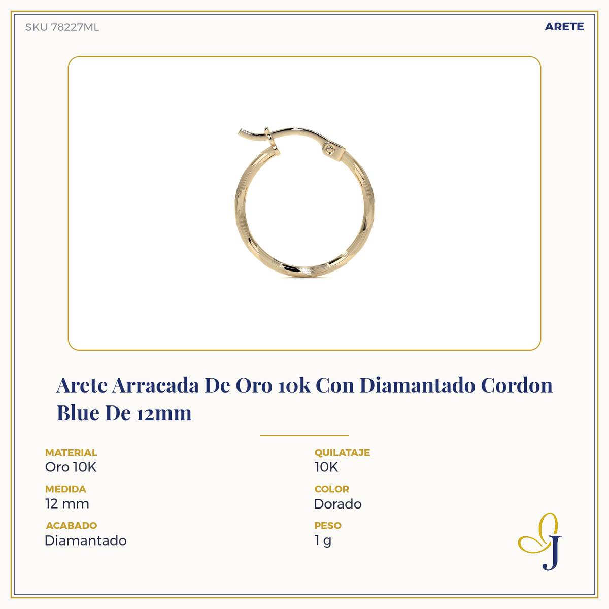 Arete Arracada Con Diamantado Cordon Blue De Oro