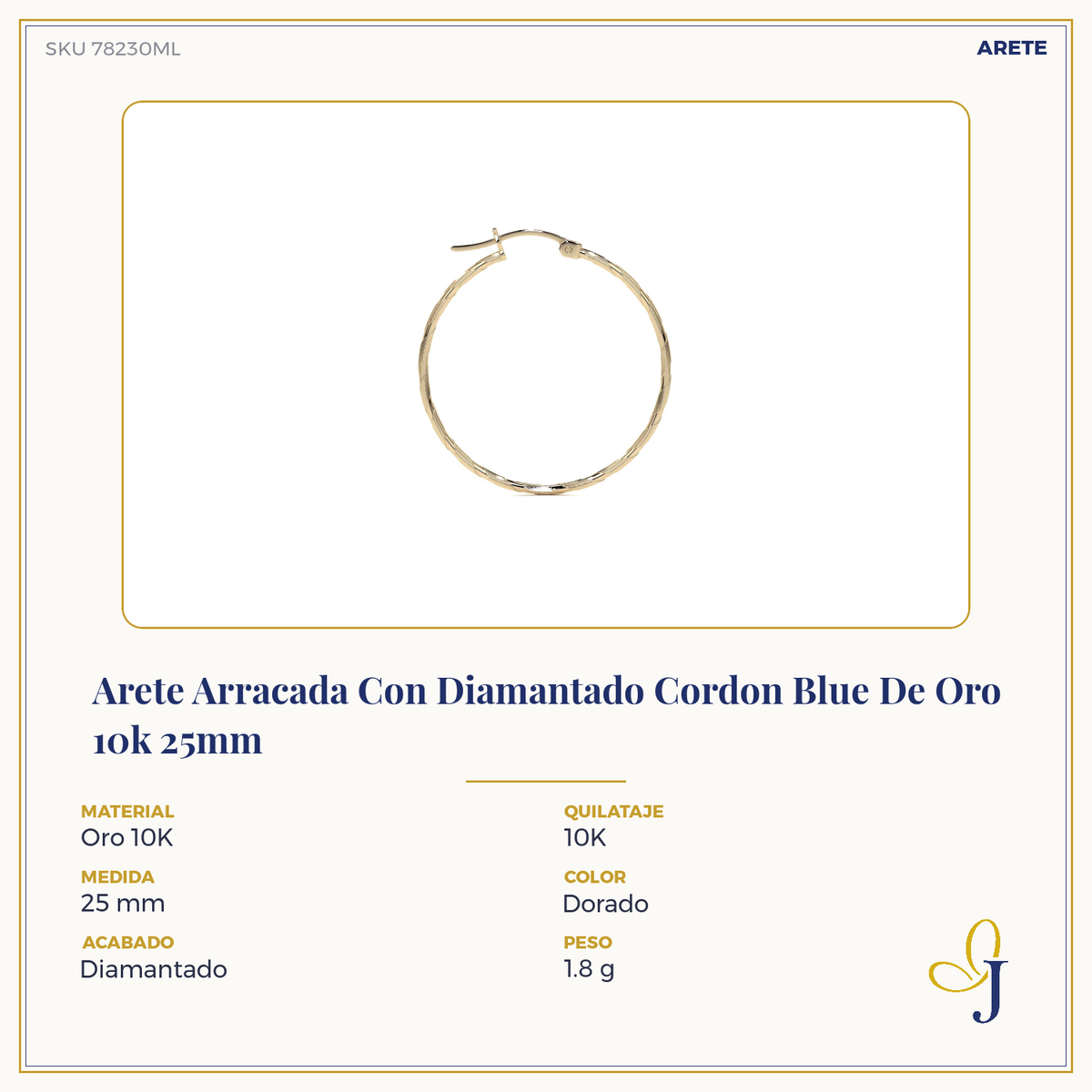 Arete Arracada Con Diamantado Cordon Blue De Oro