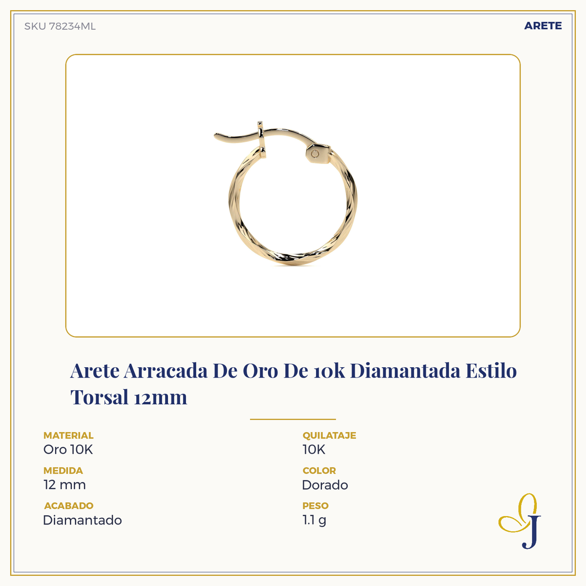 Arete Arracada De Oro De 10k Diamantada Estilo Torsal