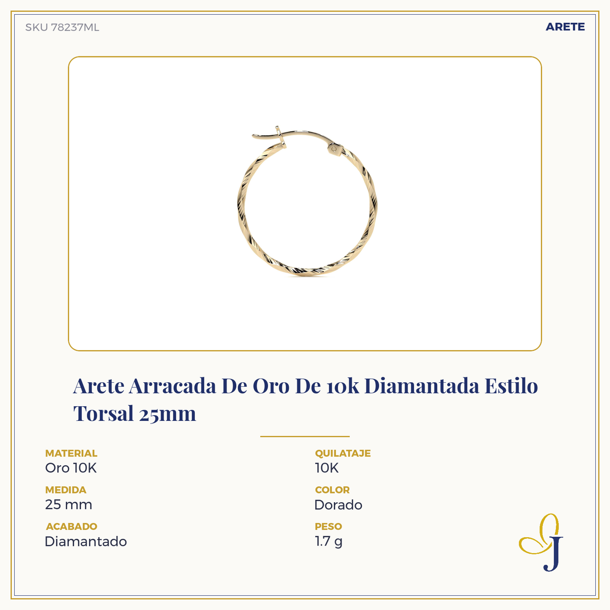 Arete Arracada De Oro De 10k Diamantada Estilo Torsal