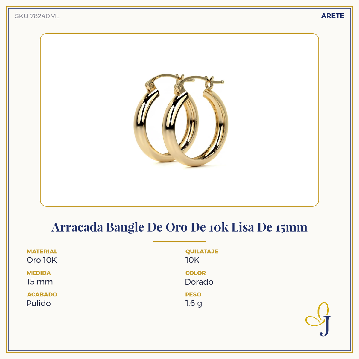 Arracada Bangle De Oro De 10k Lisa De 4mm de Ancho