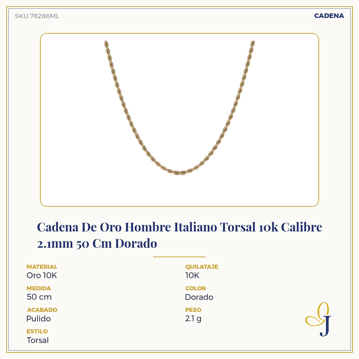 Cadena Torsal De Oro Italiano 10k, Calibre 2.1mm