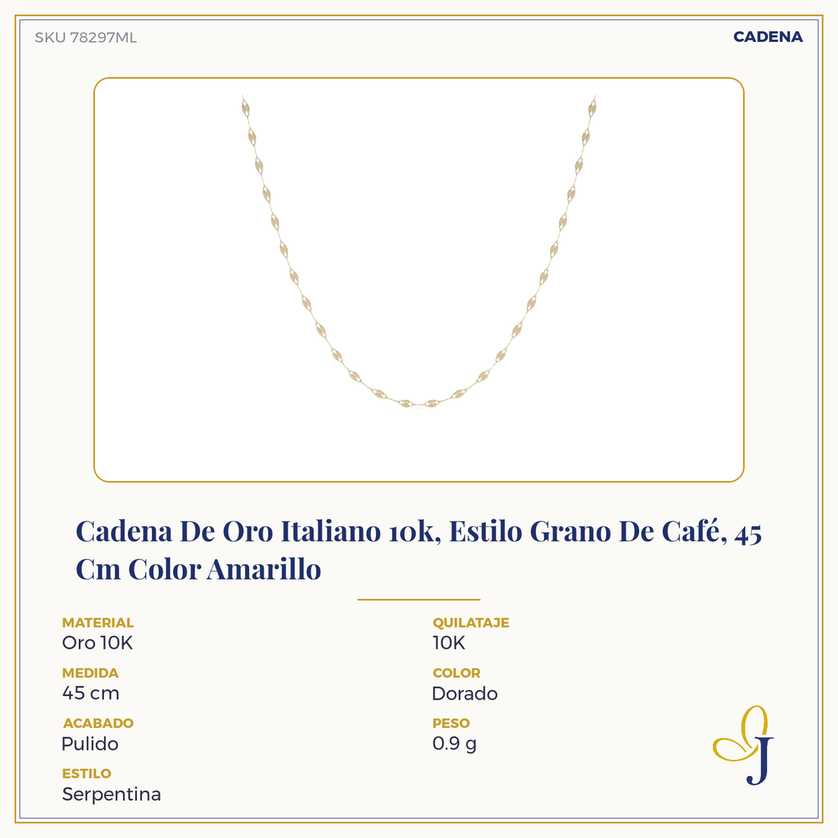 Cadena De Oro Italiano 10k, Estilo Grano De Café