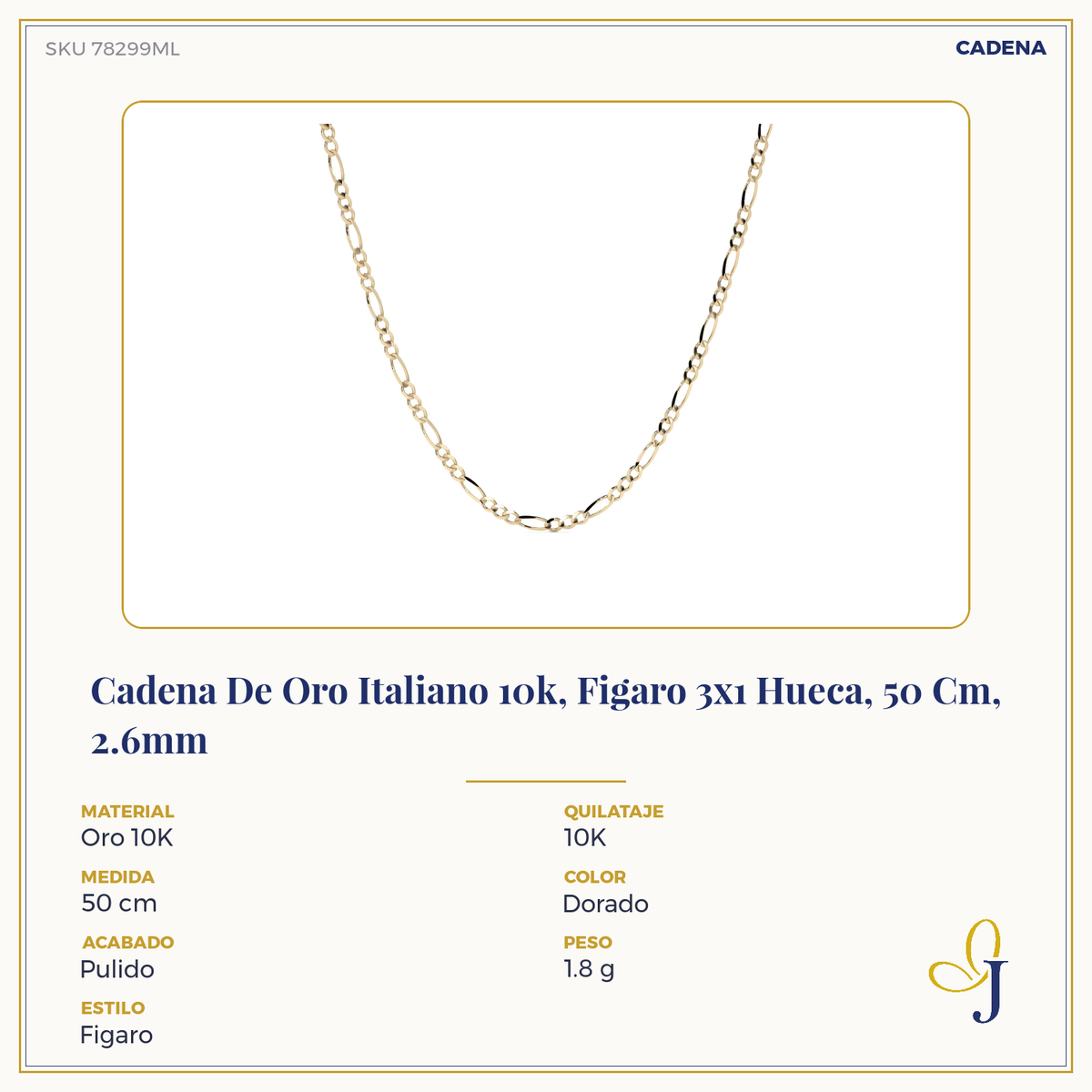 Cadena de Oro 10K Figaro 3x1 Hueca, Collar de Oro Italiano Ligero 2.6mm con Broche de Argolla