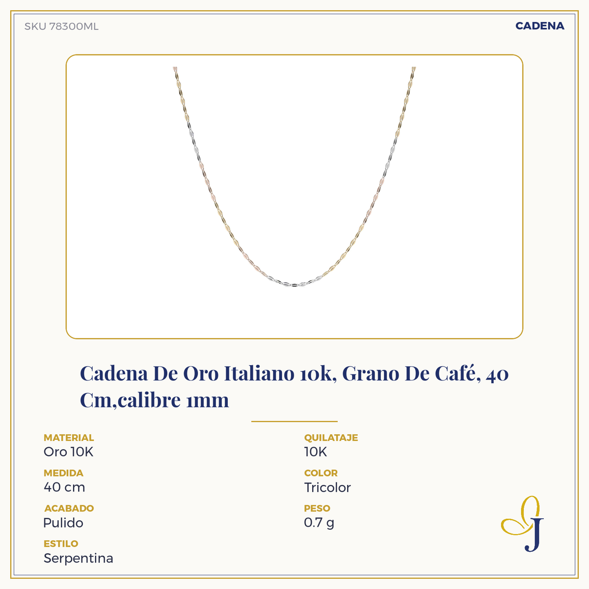 Cadena de Oro 10K Grano de Café Tricolor | Collar Italiano Ligero Oro Blanco, Amarillo y Rosa