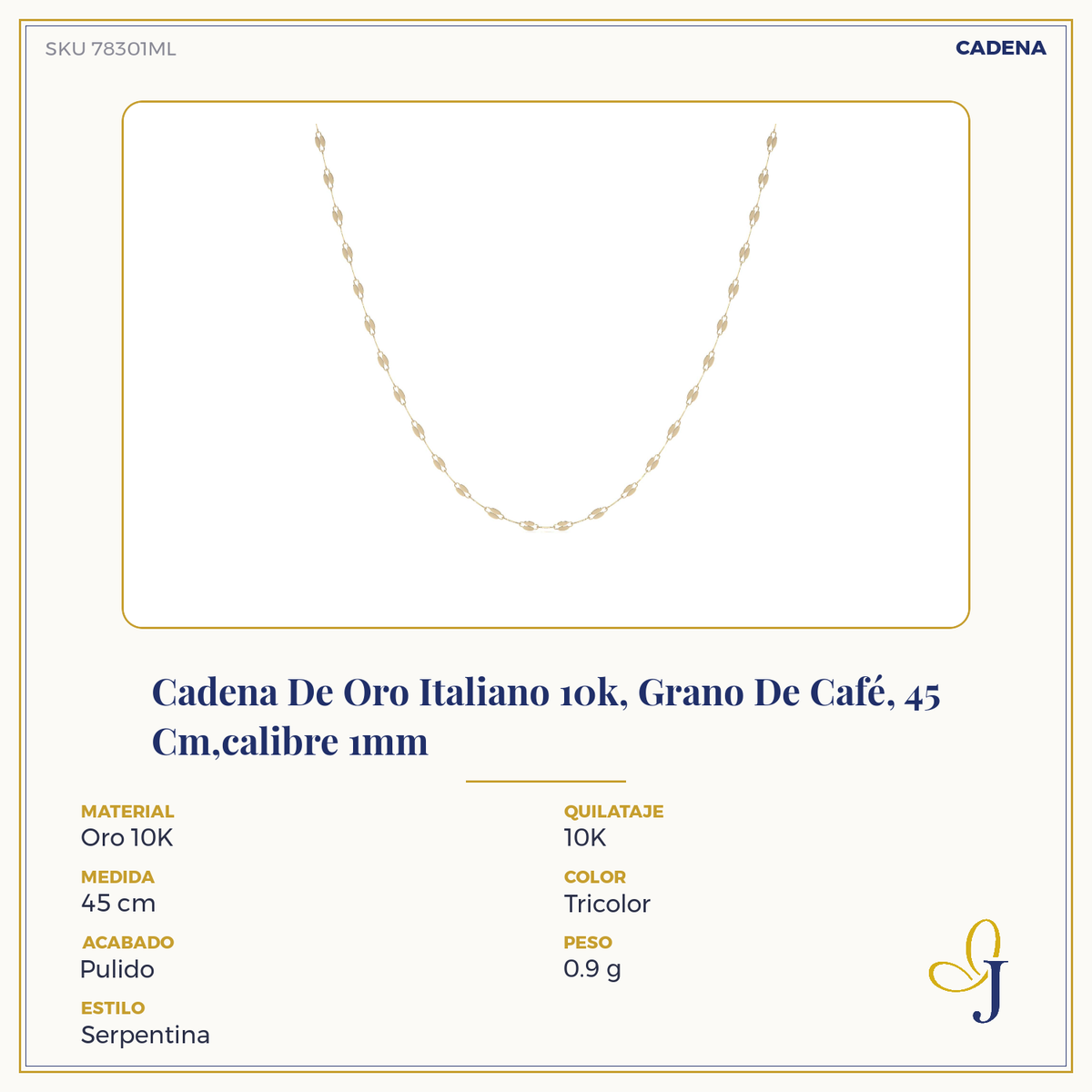 Cadena De Oro Italiano 10k, Estilo Grano De Café