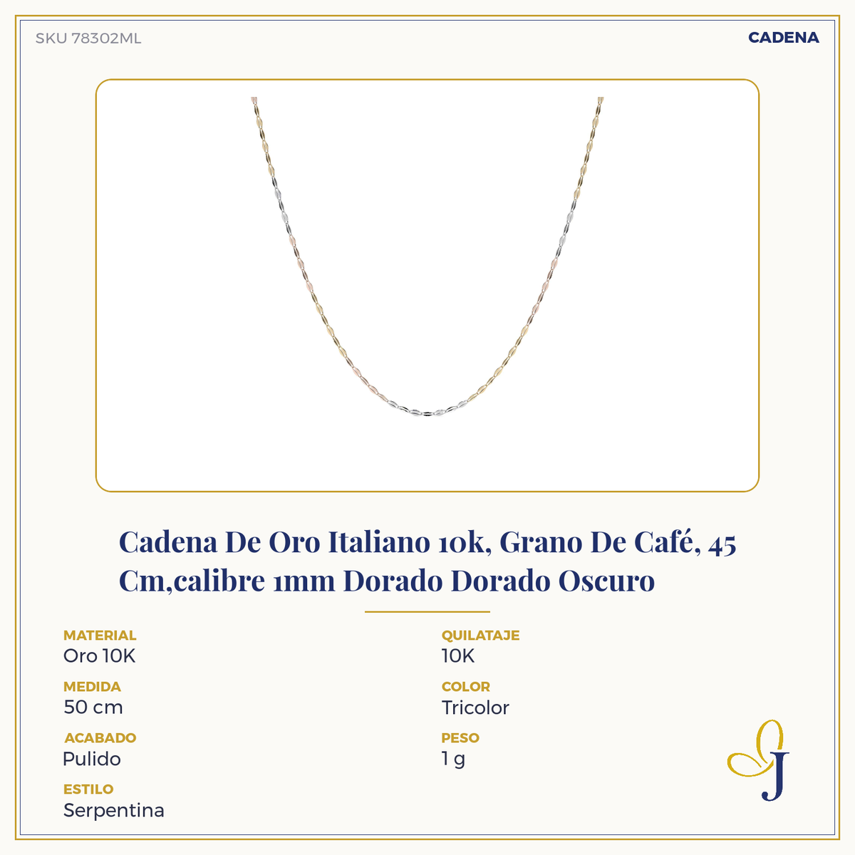 Cadena De Oro Italiano 10k, Estilo Grano De Café