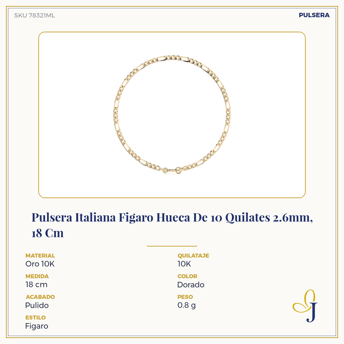Pulsera De Oro Figaro Hueca 10k Calibre 2.6 Mm 21.5cm Hombre