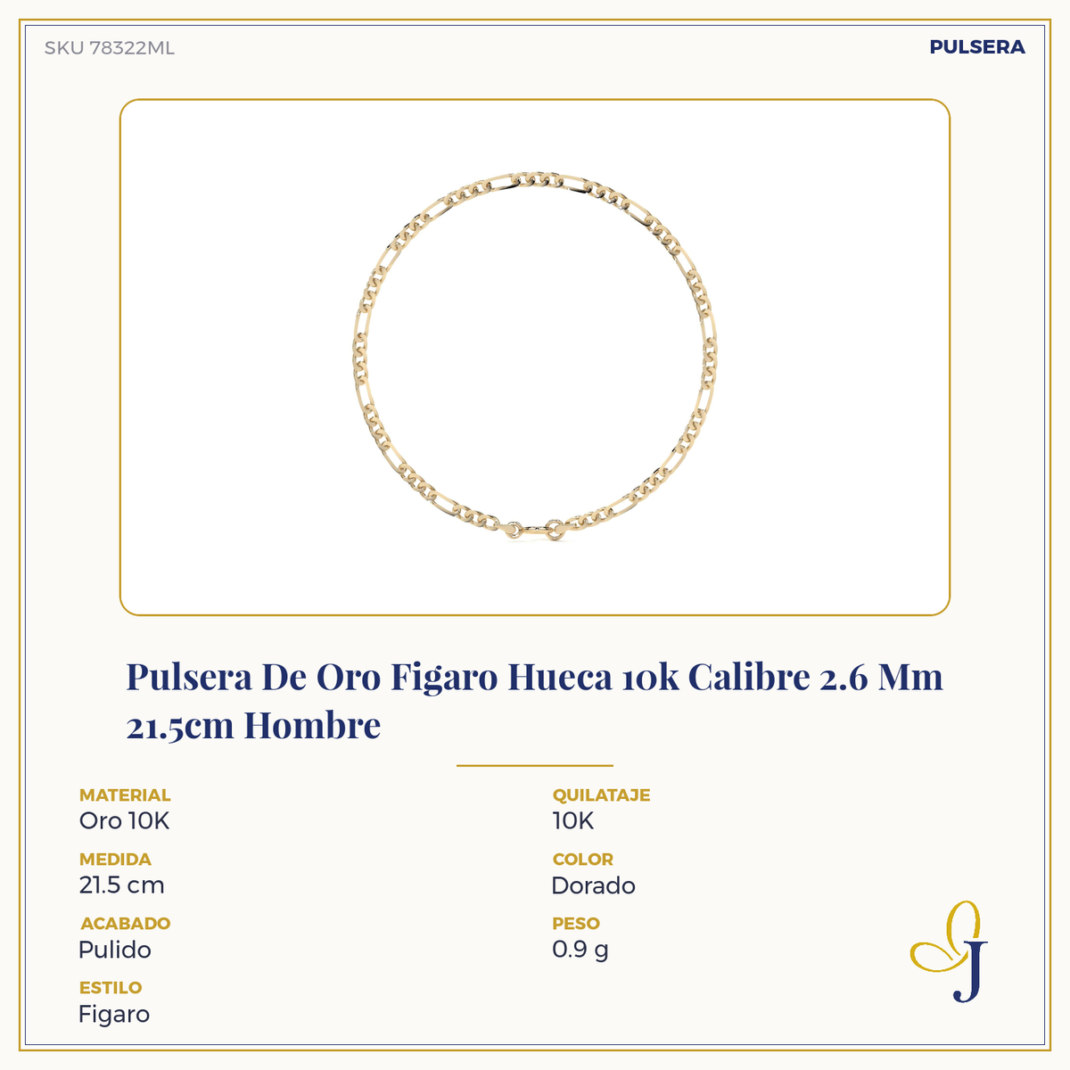 Pulsera De Oro Figaro Hueca 10k Calibre 2.6 Mm 21.5cm Hombre