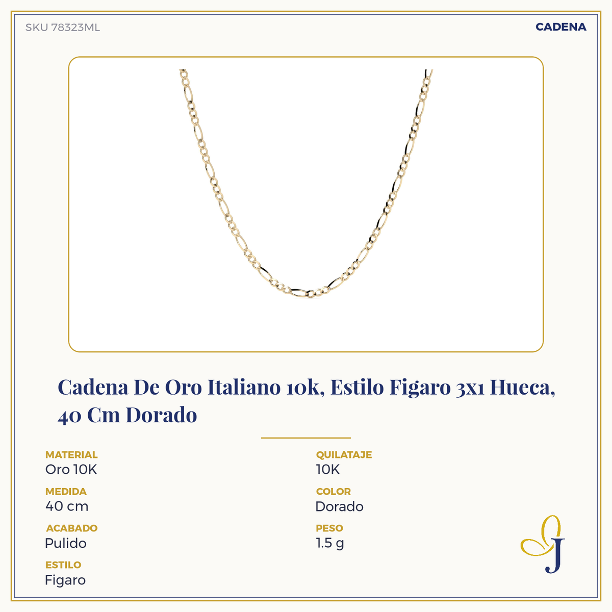 Cadena de Oro 10K Figaro 3x1 Hueca, Collar de Oro Italiano Ligero 2.6mm con Broche de Argolla