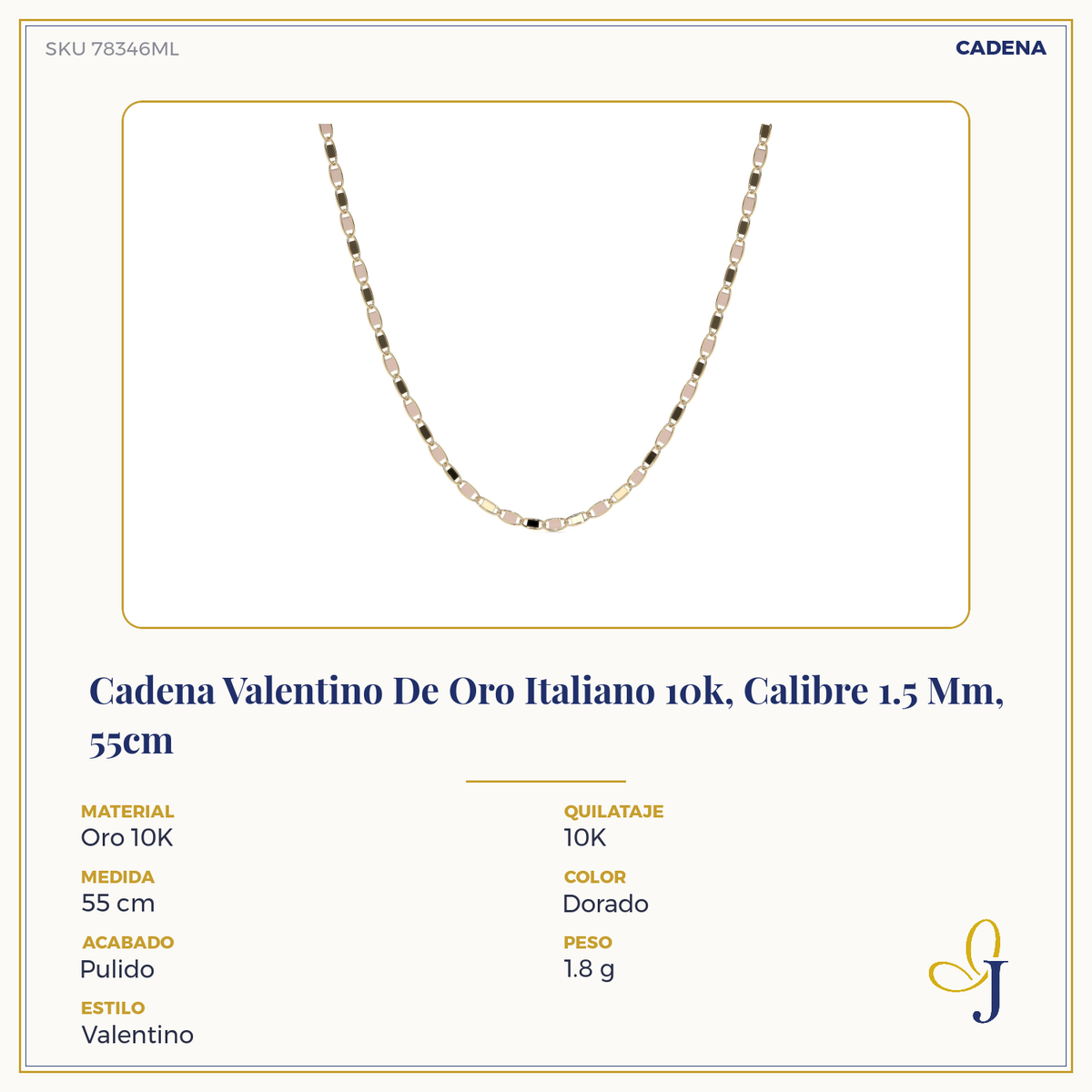 Pulsera Valentino De Oro Italiano 10k, Calibre 1.4mm, 18 Cm