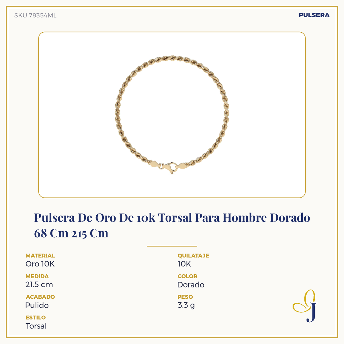Pulsera De Oro De 10k Estilo Torsal Para Hombre Con Broche De Perico Dorado 18.5 Cm