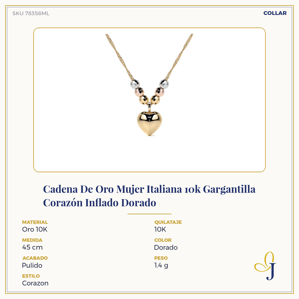 Gargantilla Italiana 14k o 10K De Corazón Inflado Y Bolas Tricolor