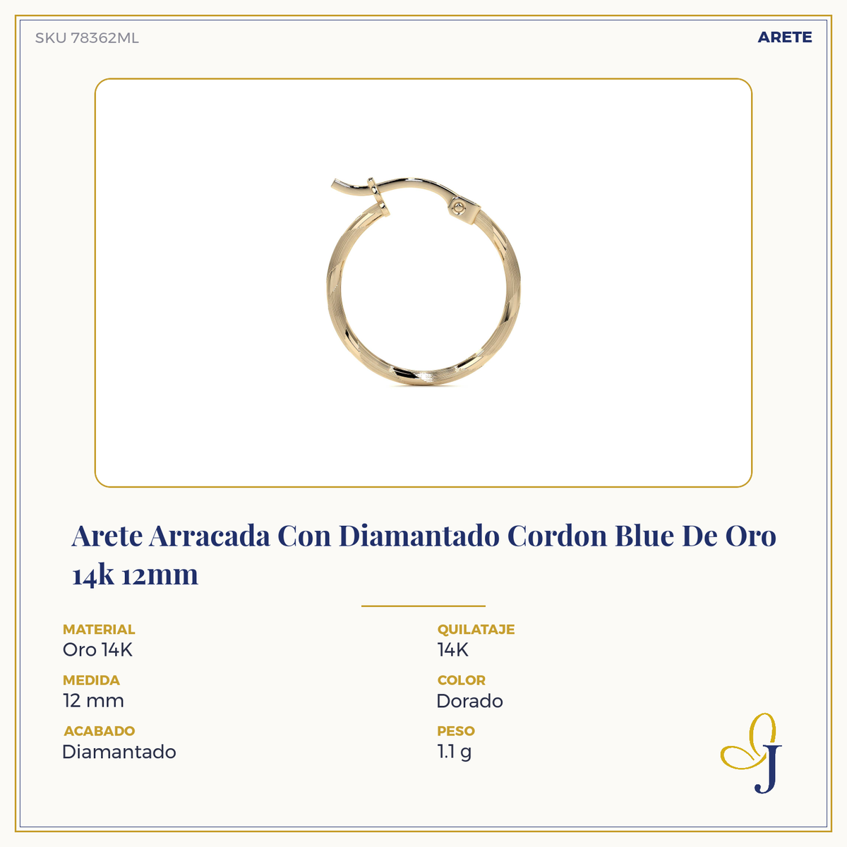 Arete Arracada Con Diamantado Cordon Blue De Oro