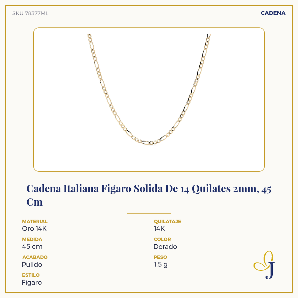 Cadena de Oro 14K Figaro 3x1, Collar de Oro Italiano 2.0mm con Broche de Argolla | Joyería Fina